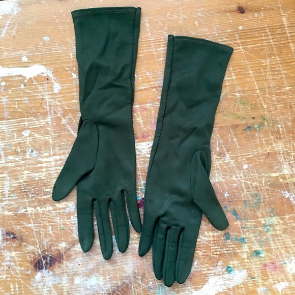 Vintage Forest Green Fabric Gloves, Mid Arm Length, Small - Picture 3 of 5